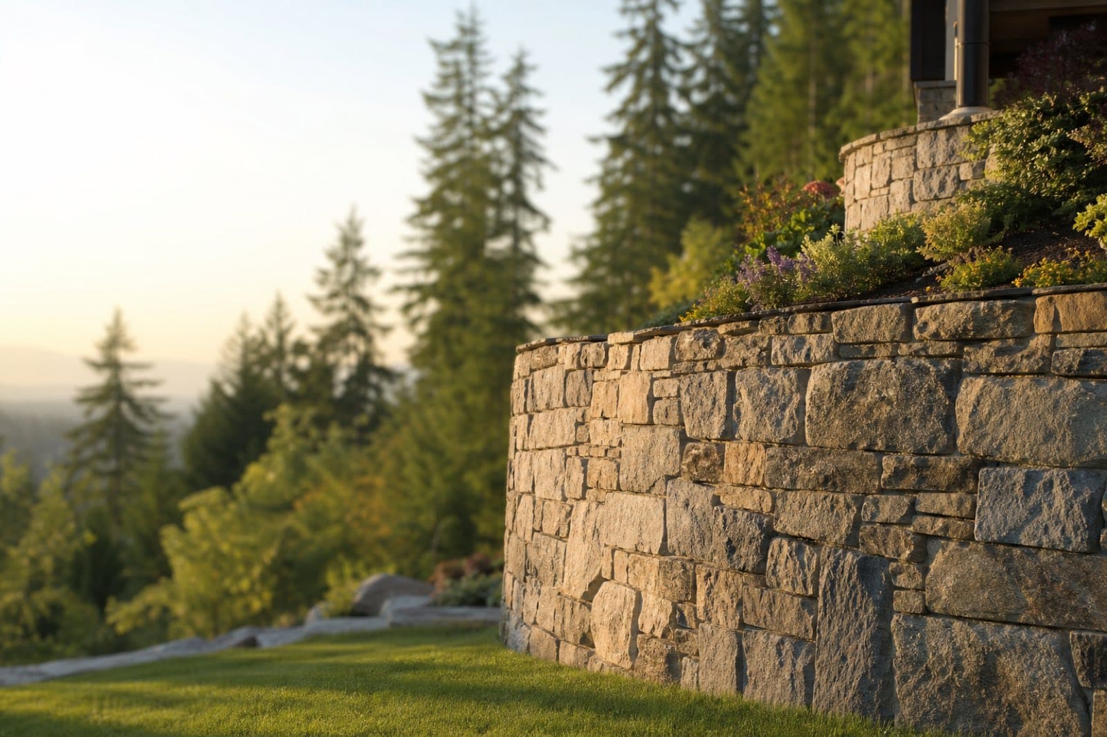 Natural stone retaining wall with terraced garden built in Langley, BC